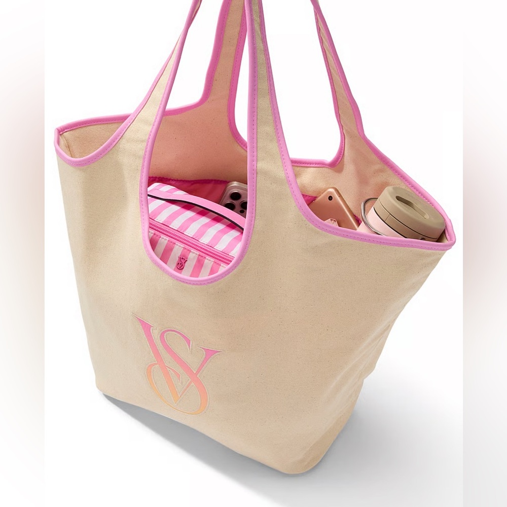 Victoria's Secret Beige Canvas Tote with Pink Trim